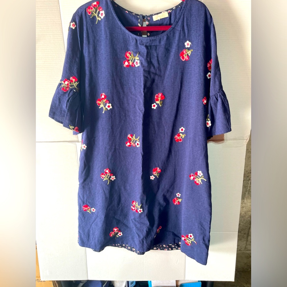ODDY A BOUTIQUE DRESS NAVY WITH‎ EMBROIDERED FLOWERS 3/4 SLEEVES BOHO SZ 1X
